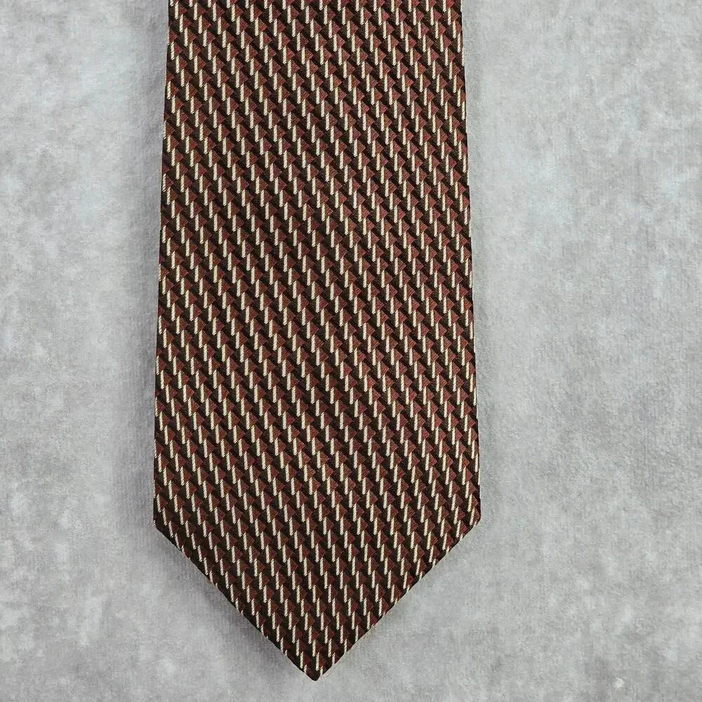 Geoffrey Beene Brown Black White Geometric‎ 100% Silk Men's Neck Tie NWOT